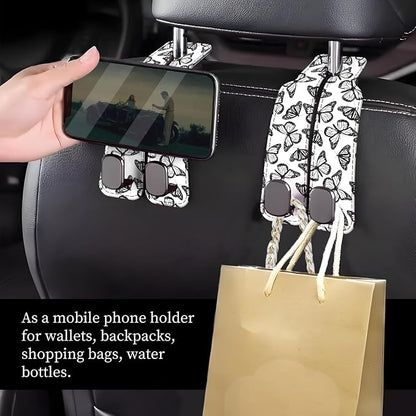 Car Seat Headrest Hook, Universal Leather Cute Hanger Holder Hook, Storage Organizer Interior Accessories for Purse Bags Handbag Black White Cute Butterfly - Image 2