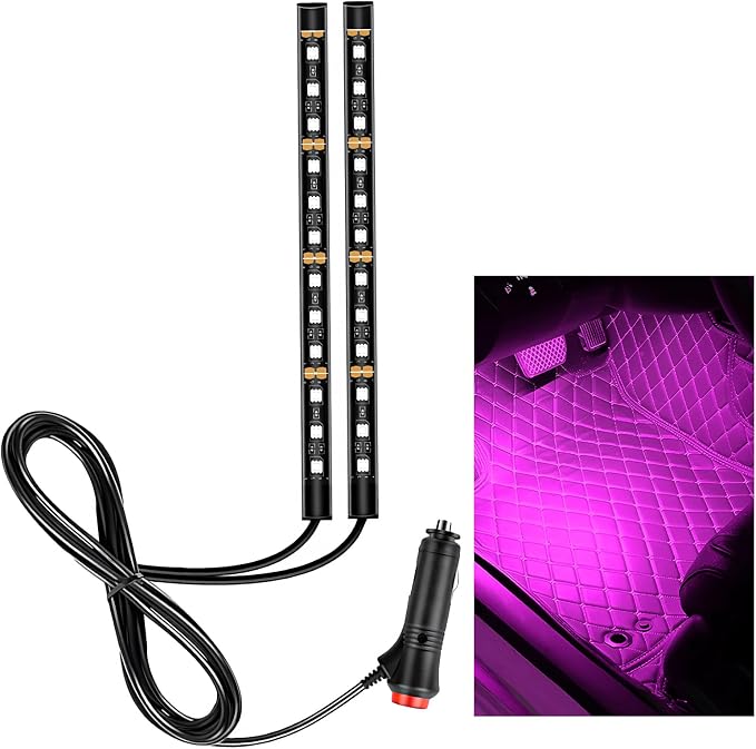 Car LED Strip Light, 12V 24 LEDs RGB Car Atmosphere Lamp with Cigarette Adapter Plug, Vehicle Under Dash Floor Ambient Night Decorative Lighting Kit (Pink Purple) by Unknown