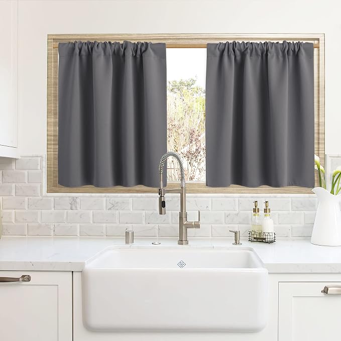 RYB HOME Cafe Blackout Curtains 24 inch Length for RV Camper Kitchen Window | Temperature Regulating, Light UV Blocking, Privacy Protection, Short Small Half Window Tiers, W42 x L24, Grey, 2 Panels by RYBHOME