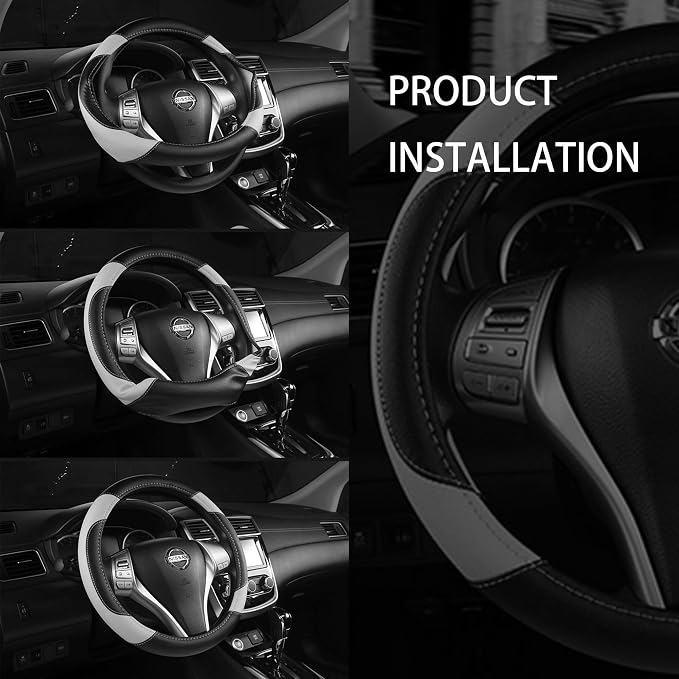 Leather Steering Wheel Cover for Ford F-150, Ram, Tundra, Tacoma, 15.5"-16" | Large-Size Fits Cars Trucks, Microfiber Leather, Anti-Slip Breathable Auto Steering Wheel Protector, Grey - Image 5