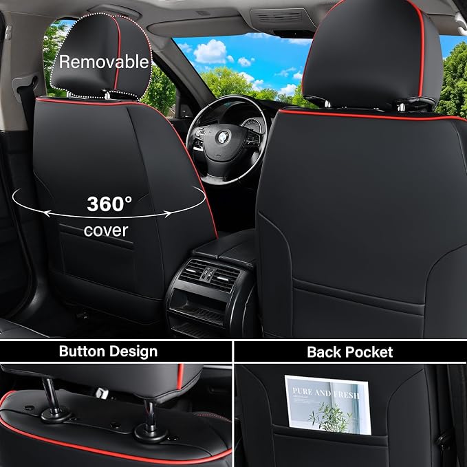 Coverado Leather Seat Covers for Car, Waterproof Car Seat Covers Full Set, 2 in 1 Conversions Car Seat Cover Protector Car Accessories Universal Fit for Most Cars SUVs and Trucks (Black&Red) - Image 3