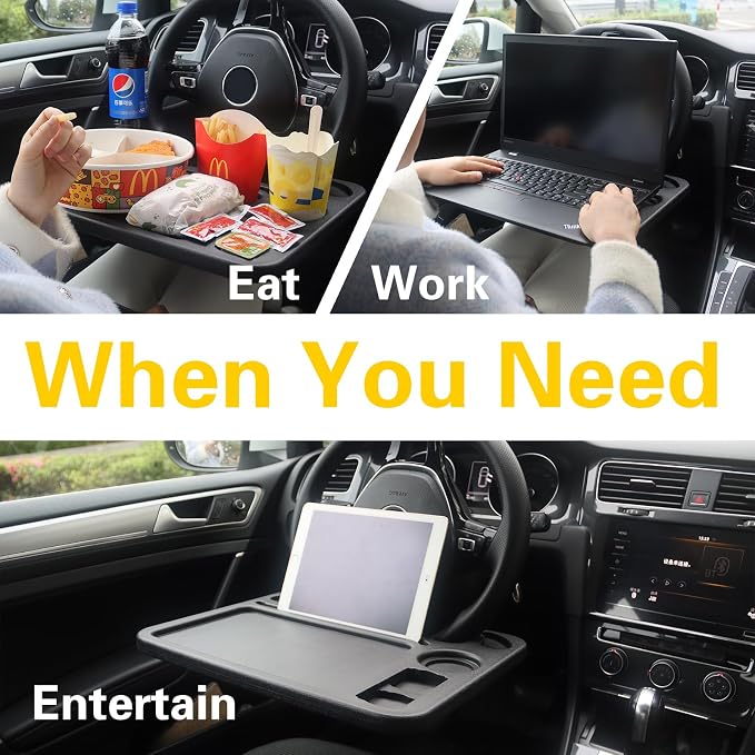 4 in 1 Car Steering Wheel Tray with Dual Sauce Dip Holder and Tablet Holder,Car Table Food Trays for Eating,Driver Desk Fit Most Auto Vehicle Steering Wheels (Black, Large) - Image 4