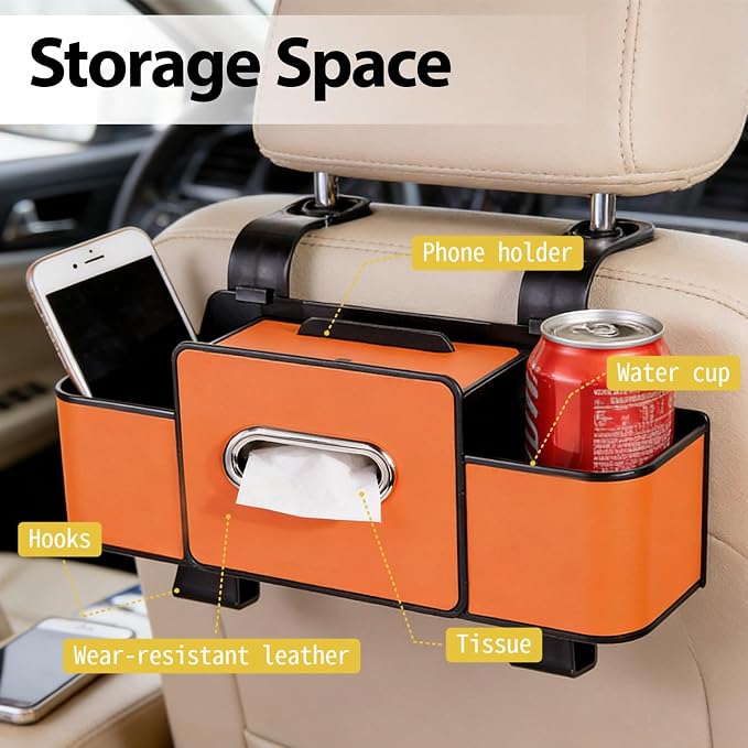 ZenChef Three-in-one Car Organizers and Storage, 2025 New Multi-function Car Tissue Holder, Multi-function Backseat Car Organizer with Cup Holder, Tissue Box, Hook (orange) - Image 4