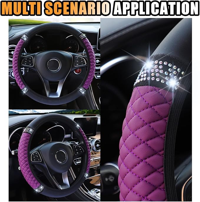 JOYCOURT 15 Inch Bling Soft Leather Car Steering Wheel Cover, Purple | Colorful Rhinestones Design, Auto Elastic Protector for Women Girls, Crystal Diamond Car Accessories for Most Cars, SUVs - Image 6