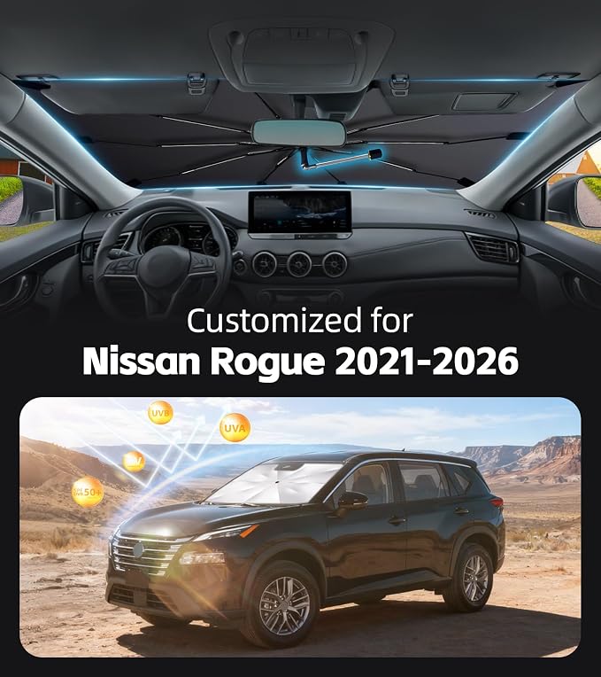 Windshield Sun Shade for Nissan Rogue 2021-2026 with 360° Rotating Shaft | Custom Fit Umbrella Sunshade for UV Blocking, Car Sun Visor Keeps Car Cool, Protects Interior & Easy Storage - Image 2