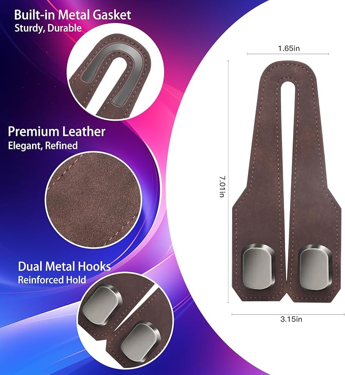 4 Pack Car Headrest Hooks, Dual Metal Hooks, Stylish Brown | Premium leather with dual metal hooks and anti-drop design. Holds purses, bags, coats, and groceries securely. - Image 2