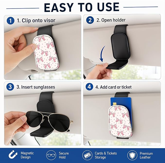 Leather Magnetic Sunglass Holder for Car Sun Visor, Cute Eyeglass Ticket Card Hanger Clip, Universal Auto Interior Accessories for SUV Pickup Truck, Pink Bow - Image 5