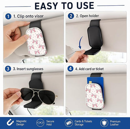 Leather Magnetic Sunglass Holder for Car Sun Visor, Cute Eyeglass Ticket Card Hanger Clip, Universal Auto Interior Accessories for SUV Pickup Truck, Pink Bow - Image 5