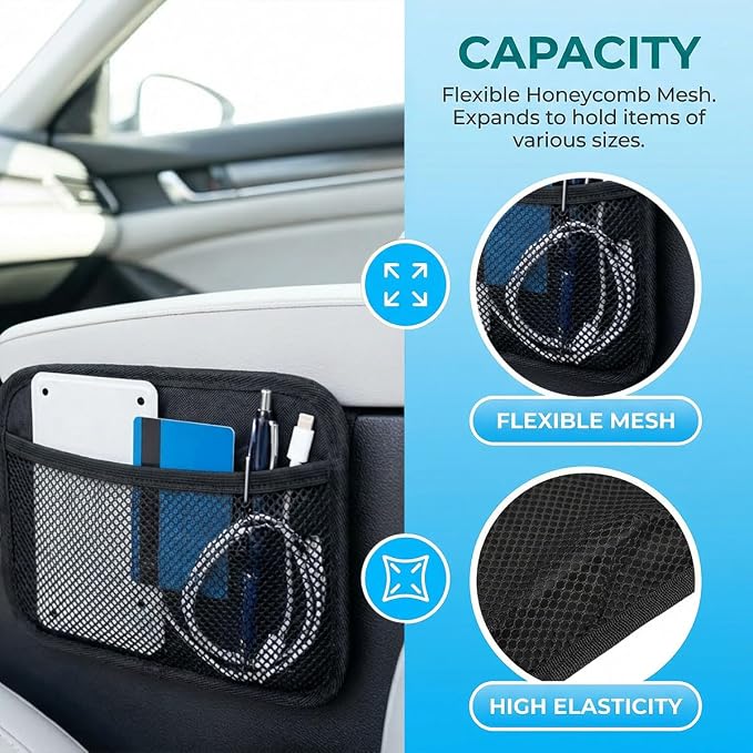 2PCS Car Net Pocket, Self-Adhesive Elastic Mesh Car Seat Side Organizer, Multifunctional Auto Interior Storage Bag for Phones, Keys, Sunglasses(L&S) - Image 4