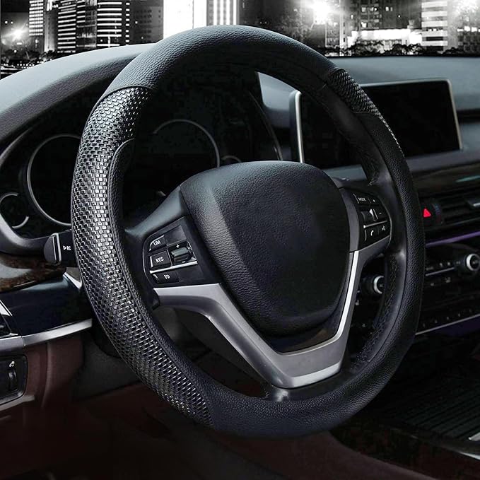 Steering Wheel Cover with Microfiber Leather for Car Truck SUV 15 inch (Black) by Valleycomfy