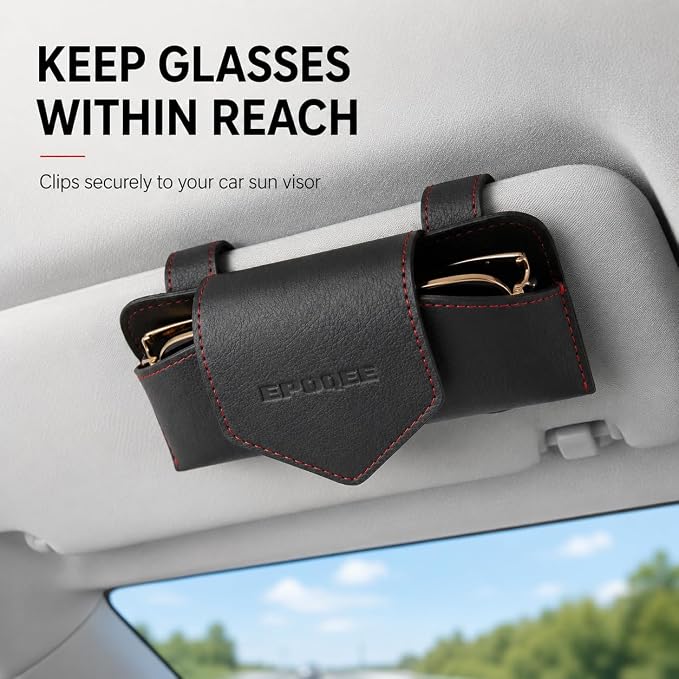 Leather Sunglasses Holder for Car Visor, Magnetic Case, Black | Fully enclosed cowhide case protects lenses; magnetic one-hand closure clips securely to most car, SUV, and truck visors. - Image 2
