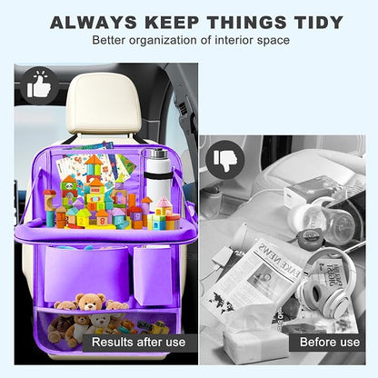 2Pack Car Backseat Organizer with Foldable Table Tray,6 Storage Pockets Car Storage Organizer with Tablet Holder,Car Seat Back Protectors Kick Mats Travel Accessories (Purple) - Image 5