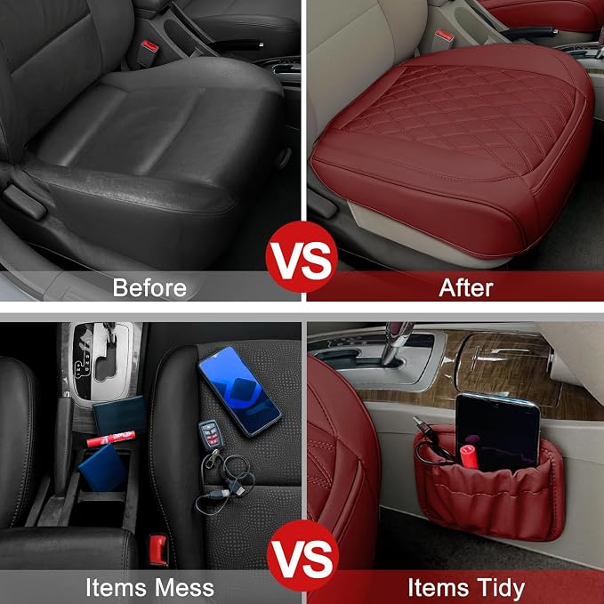 BEITK 2 Pack Leather Front Car Seat Bottom Covers Red | PU leather,Waterproof, Full Wrap, Non-slip, with Storage Pocket, Universal Fit for Sedan Truck SUV, Easy to Install - Image 5