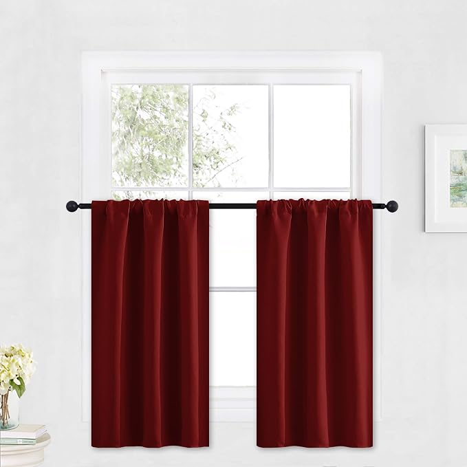 RYB HOME Cafe Blackout Curtains 30 inch Length, Short Window Curtain Tiers | Light UV Heat Blocking,Energy Saving,Privacy Protection,For Basement Bathroom Kitchen Window,W29 x L30,Burgundy Red,2 Panels by RYBHOME