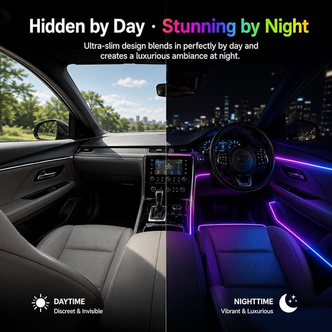 Acrylic Interior Car Ambient Lighting Kits, LED Strip Lights with Wireless APP, Neon Fiber Optic Lights Function LED Strip for Car with Music Modes (6 in 1) - Image 5