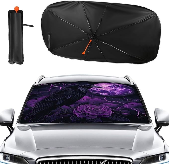Gothic Black Crow Purple Full Moon Car Windshield Sun Shade Foldable Umbrella Auto Sunshade for Car Truck SUV-Blocks Sun Visor Protector-Keeps Your Vehicle Cool - Image 2
