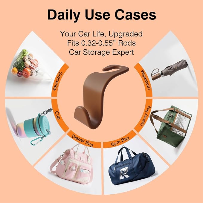 4-Pack Car Seat Hooks - 55 lb Each, Fits 0.32-0.55 in Headrest Rods | Purse holders; PP construction; tool-free setup; 360° swivel; brown; for groceries, backpacks, gym bags, and baby gear - Image 6