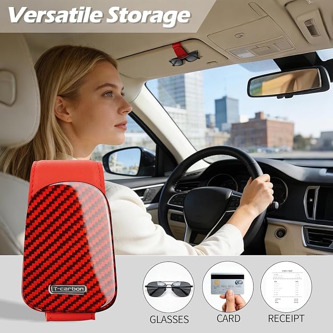 T-carbon 2 Pack Sunglass Holder for Car Sun Visor | Magnetic Leather Sunglasses Hanger,Glass Fiber Sunglasses Holder and Ticket Card Clip, Car Visor Accessories,Red - Image 2