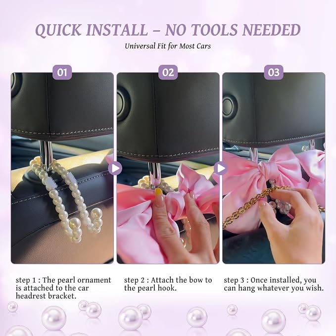 2 PCS Bow Pearl Car Seat Headrest Hook – Cute Purse Hook for Car, Girly Interior Decoration Accessories Hook Hanger, Seatback Holder for Purses & Bags, Elegant Car Organizer (Lavender Purple) - Image 7