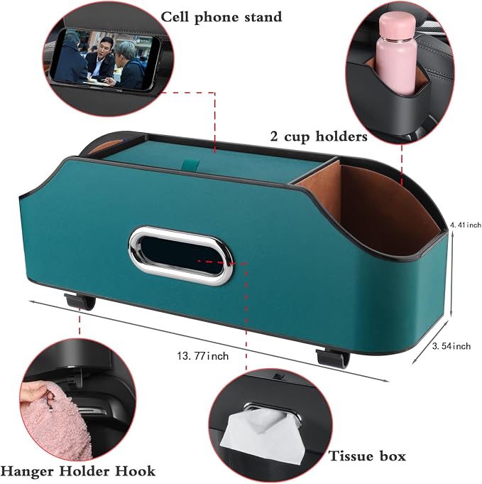 HOLDCY Car Back Seat Organizer with 2 Cup Holders, Tissue Storage, Blue | Rigid ABS Frame With Pu Leather, Dual Hooks And Tool-Free Mounting For Cars, Suvs And Trucks With Separate Headrest Posts - Image 2