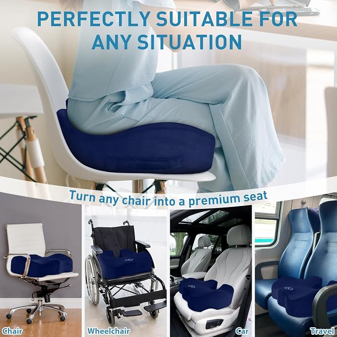 BlissTrends Thick Seat Cushion for Office Chair & Car Seat, XL, Blue | Memory Foam with Removable Cover, Ergonomic Tailbone & Sciatica Support for Pressure Relief and Long Sitting, 3.9" Thick - Image 8