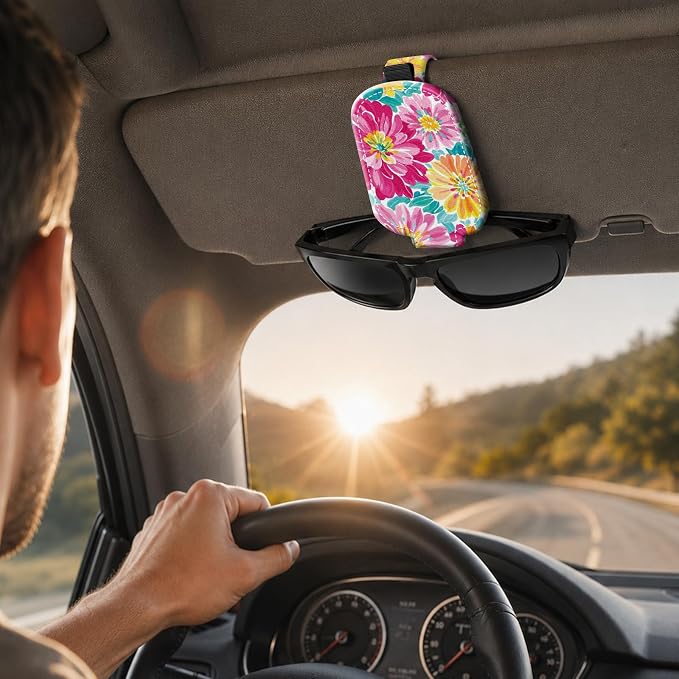 Sunglasses Holder for Car Visor, PU Leather Glasses Clip Organizer, Cute Magnetic Eyeglass Holder for Vehicle Sun Visor, Car Interior Accessory for Women & Men, Color Flowers - Image 6