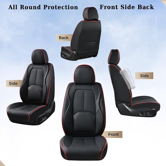 Coverado Car Seat Covers Front Seats, Waterproof Leather Seat Covers for Cars, Luxury Car Seat Covers with Lumbar Support, Car Seat Protector Driver Seat Covers Universal Fit Most Cars (Black&Red) - Image 7