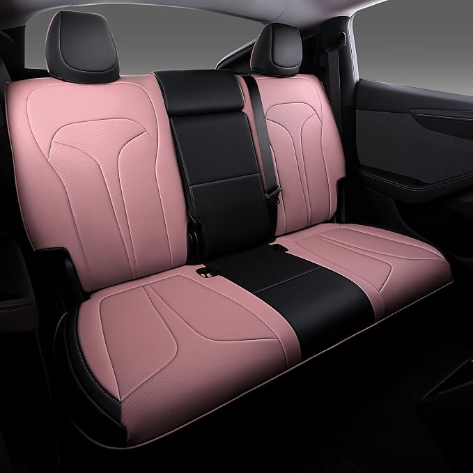 Custom Seat Covers for 2025 2026 Tesla Model Y Juniper 5-Seater, Black+Pink | Waterproof Breathable Nappa Leather, OEM Factory Style Full Set, Full Coverage Design with Armrest Covers, Airbag Compatible - Image 2