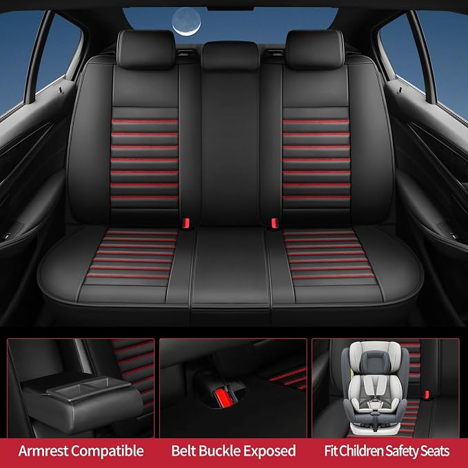 Fit Frontier Car Seat Covers for Nissan Frontier 2009-2026 - Upgraded Premium Waterproof & Breathable Leather, Airbag Compatible, All-Weather Seat Cushion Protector (2 Front/Black+Red) - Image 3