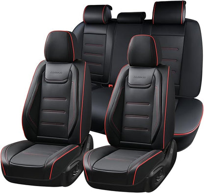 Coverado Car Seat Covers Full Set, Seat Covers for Cars, Car Seat Protector Waterproof, Leather Cushion, Universal Car Interior Covers Seat Protectors for Most Cars Black-Redline by COVERADOAUTO