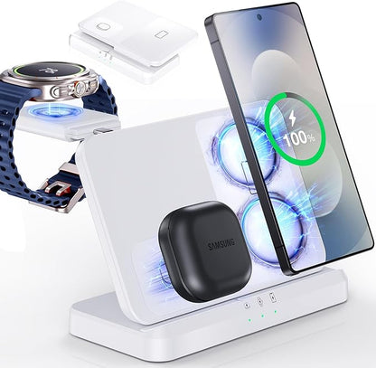 3 in 1 Wireless Charger Station for Galaxy S26 Ultra S25 S24, Foldable | Fast Charging for Z Fold Flip 7/6, Detachable Watch Charger for Galaxy Ultra 8/7/6, Compact & Portable, No Adapter, White by WelcometoEGV