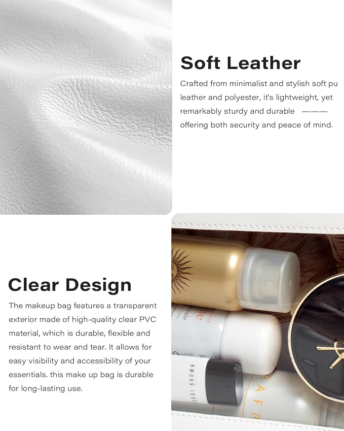 2Pack Clear Makeup Bags Set, Small Clear Makeup Bag, PU Leather Travel Makeup Brush Case Portable Transparent Waterproof Cosmetic Organizer Pouch with Zipper for Women(2Pack-White Set) - Image 7