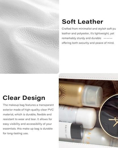 2Pack Clear Makeup Bags Set, Small Clear Makeup Bag, PU Leather Travel Makeup Brush Case Portable Transparent Waterproof Cosmetic Organizer Pouch with Zipper for Women(2Pack-White Set) - Image 7