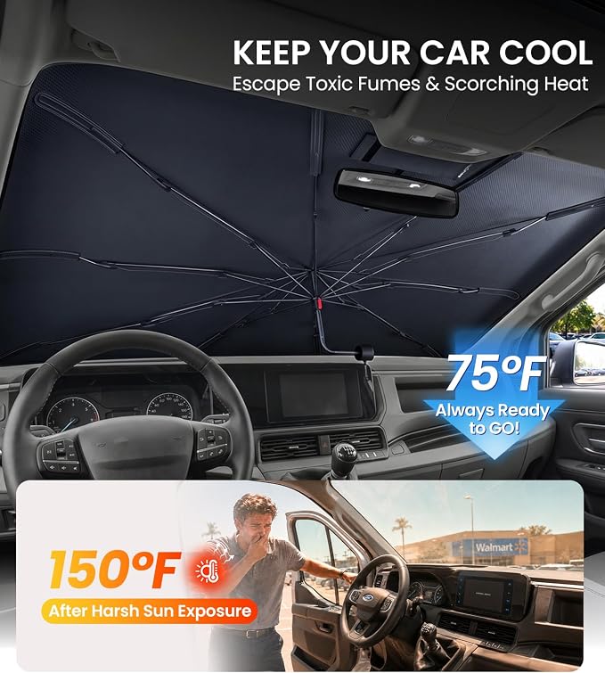 Zanch Windshield Sun Shade Umbrella for Ford Transit 150/250/350 2015-2026 | [99% UV Protection, Up to 75℉ Cooler] Reflective Heat Shield, Custom Fit, Built to Last, Foldable Front Sunshade Umbrella - Image 2
