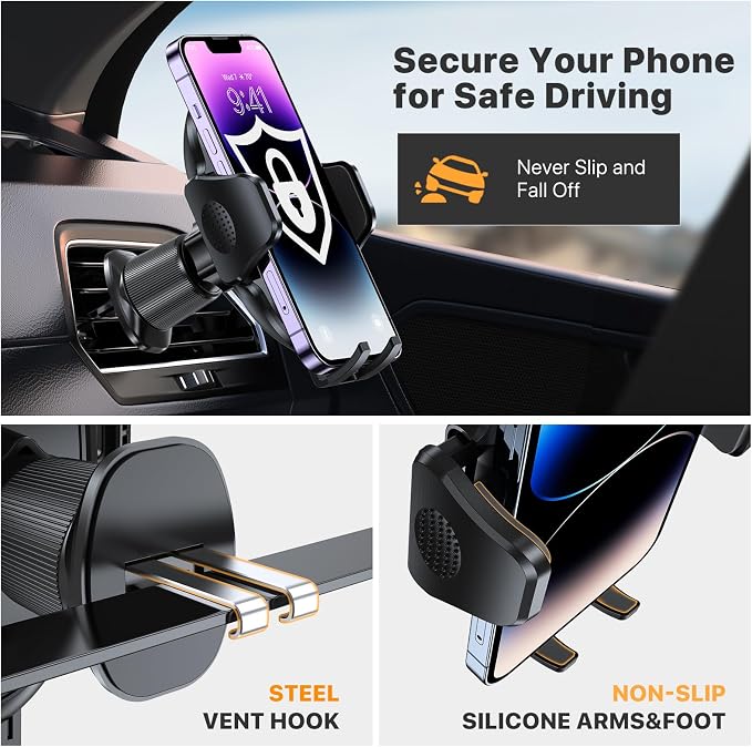 miracase Phone Holders for Your Car with Metal Hook Clip, Air Vent Cell Phone Stand Car Mount, Universal Automobile Cradle Fit for iPhone Android and All Smartphones, Dark Black - Image 4