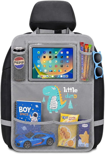Backseat Car Organizer for Kids, Car Seat Organizer with 11” Touch Screen Tablet Holder, Rear Seat Storage Bag with Drink Pockets, Anti-Kick Seat Back Protector for Travel (Gray Dinosaur) by Unknown
