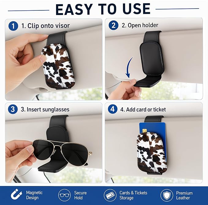 Leather Magnetic Sunglass Holder for Car Sun Visor, Cute Eyeglass Ticket Card Hanger Clip, Universal Auto Interior Accessories for SUV Pickup Truck, Cow Pattern - Image 5