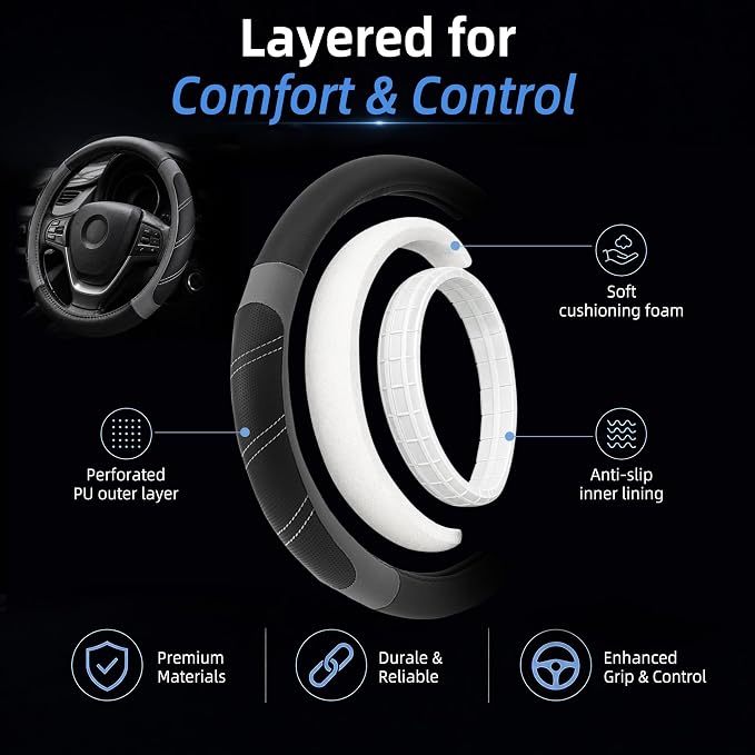 Elantrip Leather Large Steering Wheel Cover 14 1/2 inch to 15 inch Universal, Soft Grip Breathable for Car Truck SUV Jeep Anti Slip Gray - Image 6
