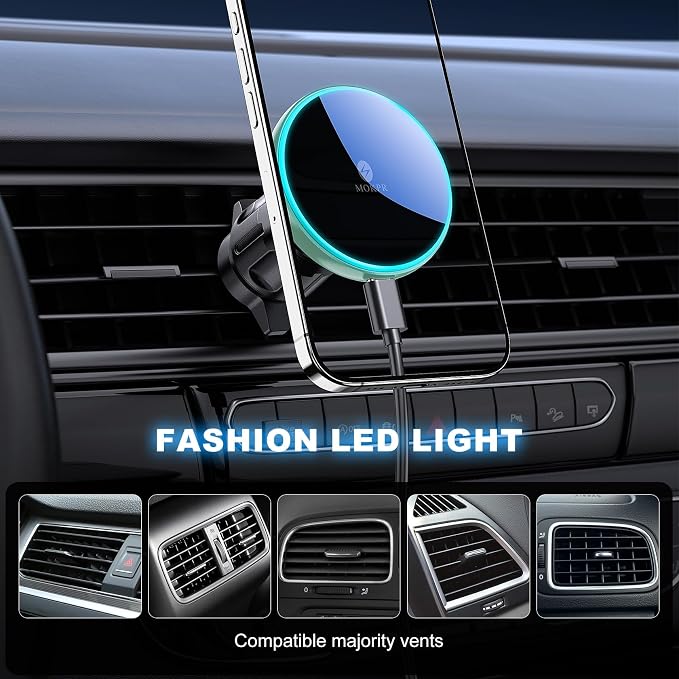for Mag-Safe Car Mount Charger Dash Windshield Vent Magnetic Phone Holder | Wireless Car Charger with LED Light Car Phone Holder for iPhone 17 16 15 14 13 12 Series for MagSafe Green - Image 6