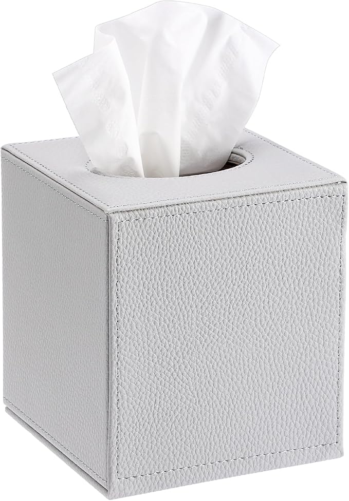 Sumnacon Tissue Box Cover Square,Magnetic Bottom PU Tissue Box Holder,Grey | Stylish Cube Leather Tissue Cover,Lychee Pattern,Decorative Tissue Box Covers for Living Room Bathroom Table Desk Office Car by Sumnacon