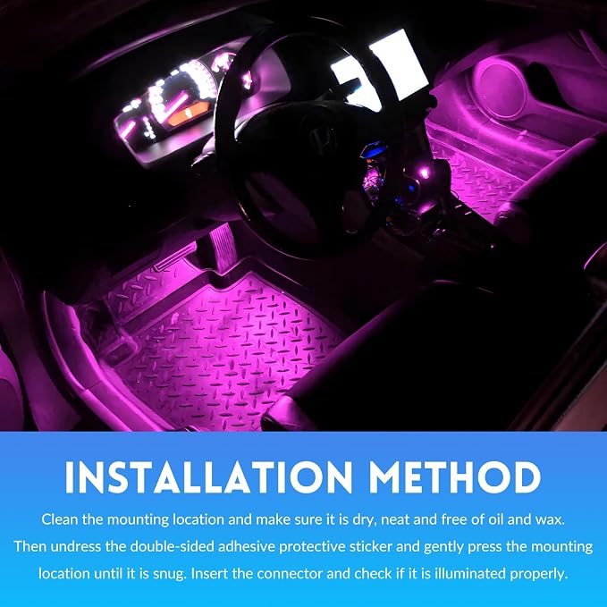 Car LED Strip Light, 12V 24 LEDs RGB Car Atmosphere Lamp with Cigarette Adapter Plug, Vehicle Under Dash Floor Ambient Night Decorative Lighting Kit (Pink Purple) - Image 6