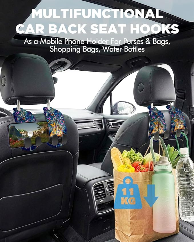 WOCOCN Purse Holder for Car, 2 Pack Heavy Duty Purse Hanger, Butterfly | PU Leather Car Seat Hooks for Purses and Bags, Cute Floral Headrest Organizer for Handbags & Backpacks - Image 2