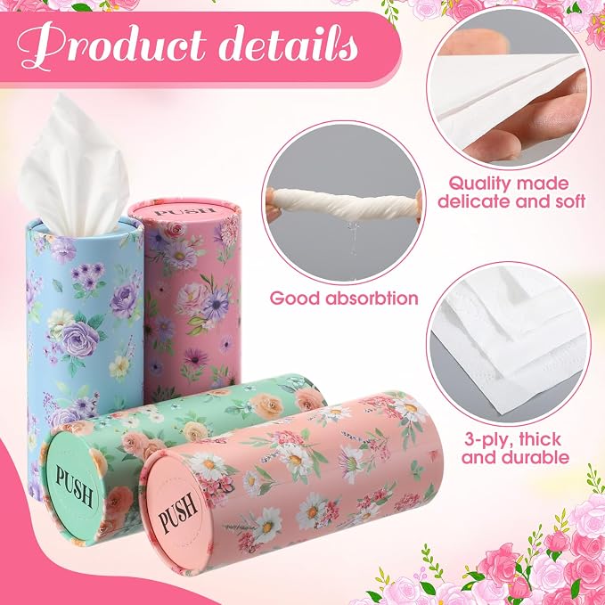 Outus 12 Pcs Spring Floral Car Tissues Cylinder Holder Flowers Round Tissue Box Cup Holder 3 Ply Facial Napkins Napkins Container for Car Home Office Dispenser Travel - Image 3