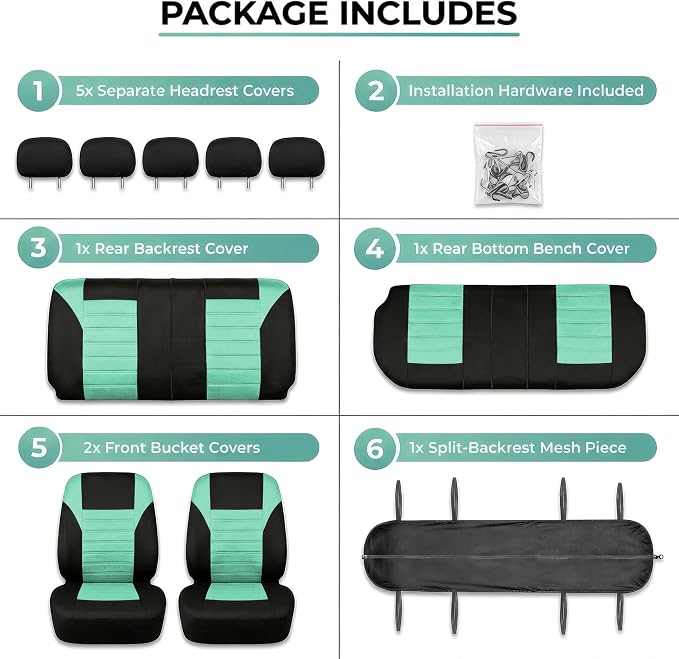 FH Group Automotive Car Seat Covers Full Set Premium 3D Air Mesh Front Seat Covers, Airbag Compatible & Split Bench Cover Universal Fit Interior Accessories for Cars Trucks and SUVs - Mint - Image 7