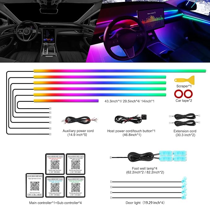 Dreamcolor Acrylic Interior Car LED Strip Light with Wireless APP, RGB 14 in 1 with 175 inches 612 LEDs Fiber Optic Strip Lights for Car, Dual Zone Symphony Neon Car Ambient Lighting - Image 3