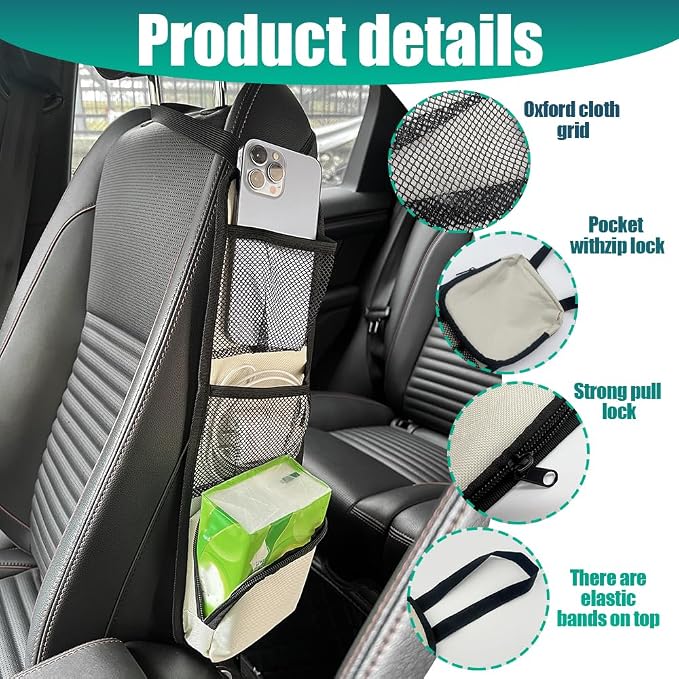 Car Seat Storage Hanging Bag, Car Seat Side Organizer, Multifunctional Cars Mesh Net Pocket, Multi-Pocket Seats Side Storage Interior Accessories Universal for Cars SUV Truck (Ivory White, 1PCS) - Image 4