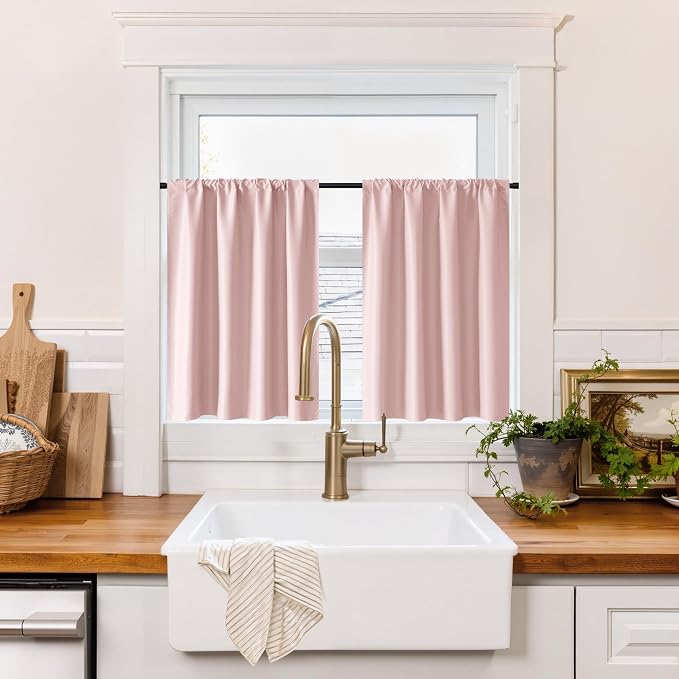 RYB HOME 100% Blackout Bathroom Curtains Over Sink 30 inches Long | Heat UV Blocking, Total Room Darkening, Noise Reducing, Curtains for Basement RV Campers, W42 x L30, Baby Pink, 2 Panels by RYBHOME