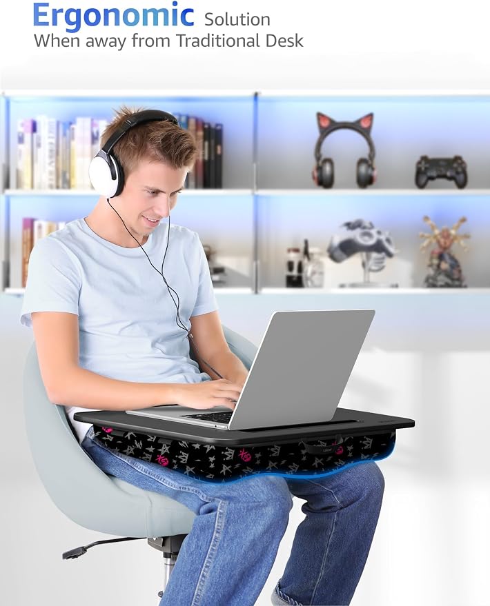 L.DOCTOR Cushioned Lap Desk, Large, Crown Skull | Portable for Bed, Couch & Floor, Washable Cushion, Built-in Phone & Tablet Slot, Fits 17.3" Laptop, Working, Writing, Gaming - Image 2