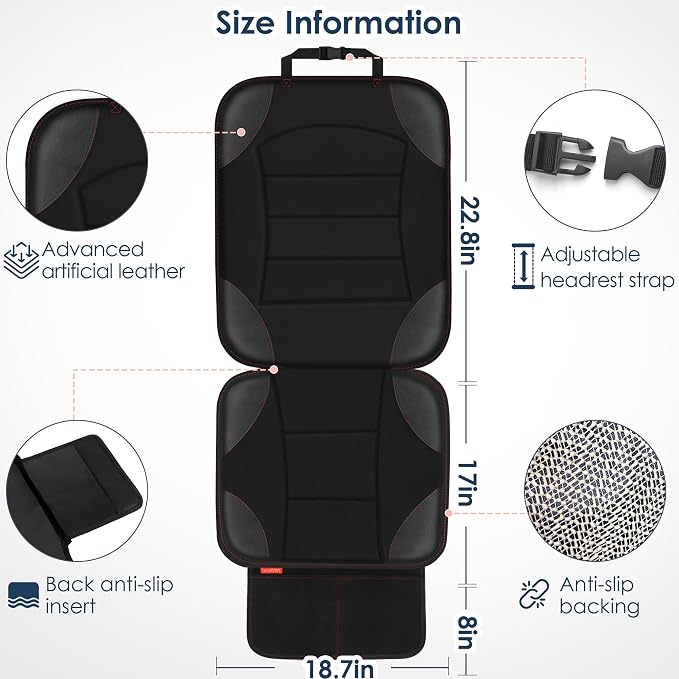 Sinvitron Car Seat Protector for Child Car Seat - Waterproof Non-Slip Leather Mat with 2 Mesh Pockets, Universal Seat Cover for Baby, Pets & Vehicles (1-Pack, Black) - Image 3