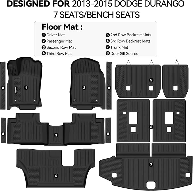 Floor Mats for 2013-2015 Dodge Durango 7 Seats/Bench Seats | Trunk Mat and 2nd/3rd Backrest Mat & Door Sill Guard All Weather TPE Protector Full Set Interior Accessories Floor Liners - Image 2
